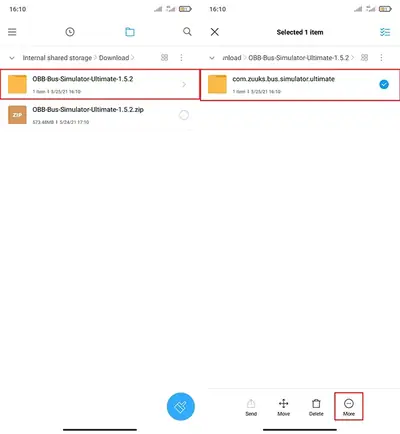 Android file manager showing OBB game files